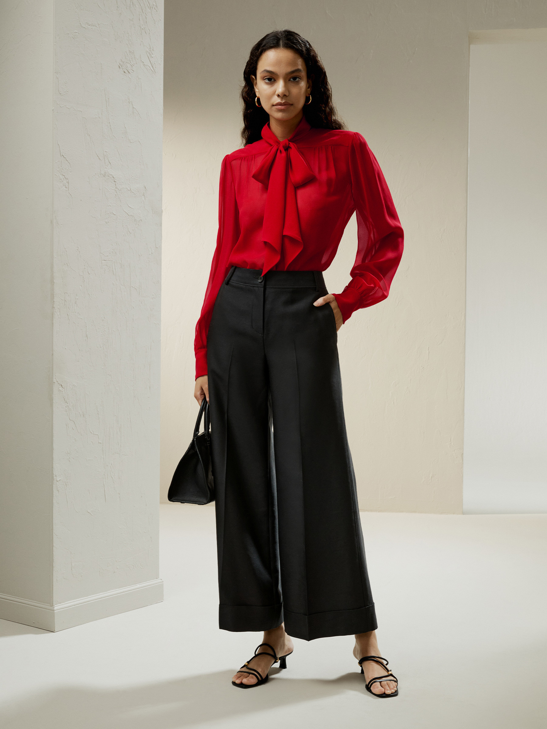 LILYSILK Silk Tops Women Red Skin-Friendly and Breathable Regular Fit Long Sleeves Bow-Tie-Neck XL | LILYSILK