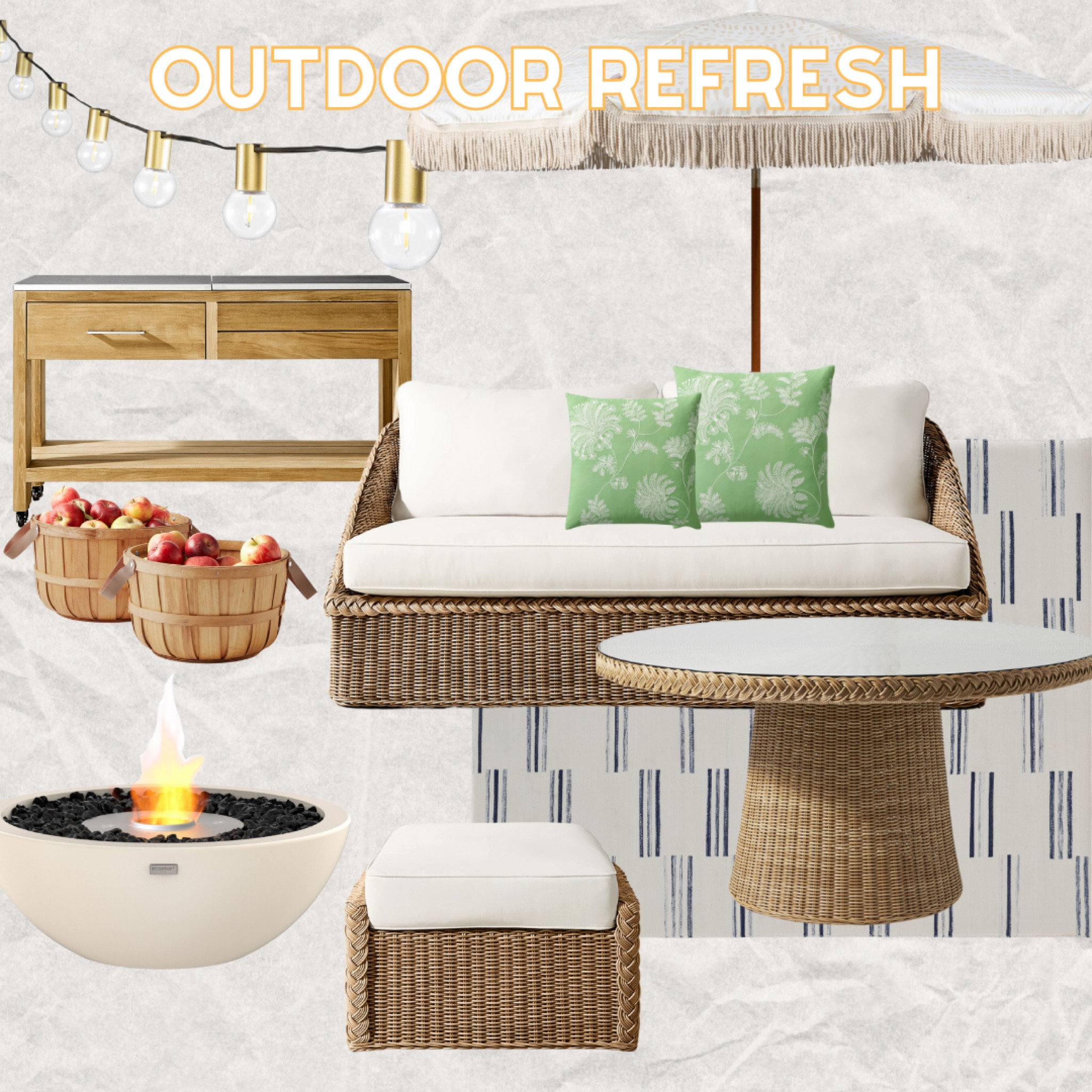 Outdoor Refresh 

Outdoor Table, Olive Tree, Basket Sets, Rug, Fire Table Mix, Portable Umbrella, String Lights, Hampton Sofa, Embroidery Pillows, Dining Table 

#LTKSaleAlert #LTKStyleTip #LTKHome