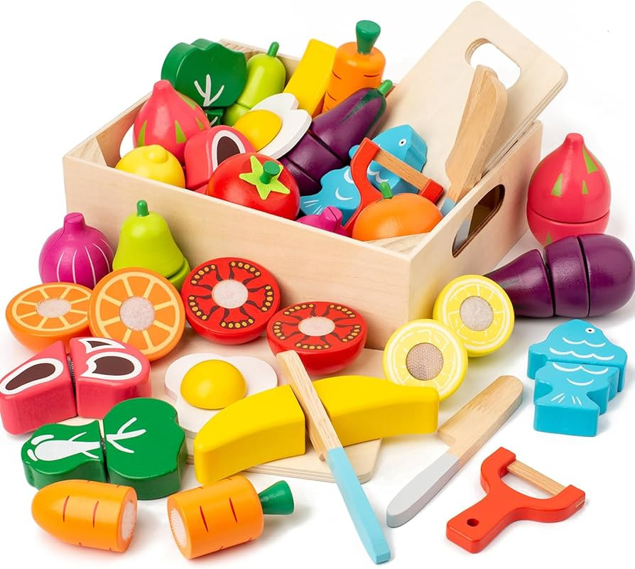 32 Pcs Wooden Play Food Sets for Kids Kitchen Accessories, Early Education Montessori Kids Toys ,... | Amazon (US)
