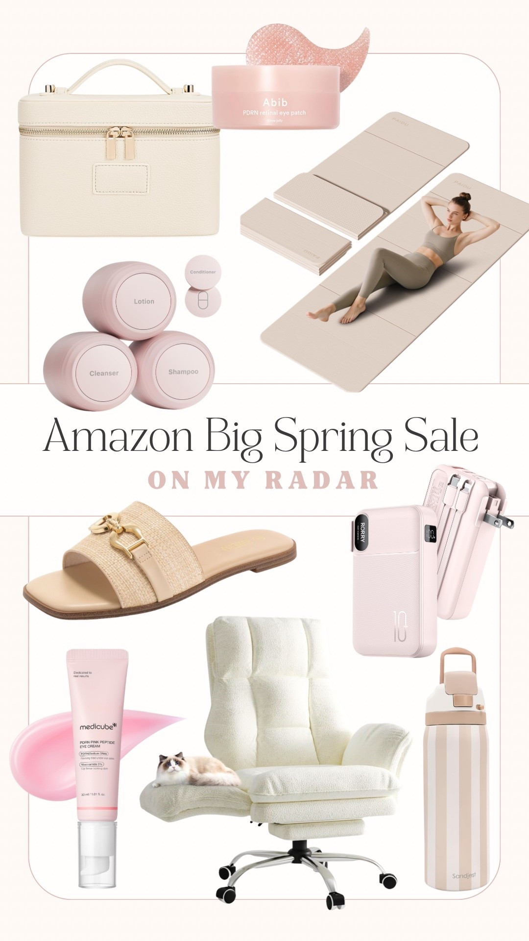 What I’m currently eyeing from the Amazon Big Spring Sale! 🛒 

Travel finds, home, office chair, foldable yoga mat, skincare, spring sandals, portable charger, water bottle, eye patches, pink finds, toiletries, makeup case, fancythingsblog 

#LTKSaleAlert #LTKHome #LTKBeauty