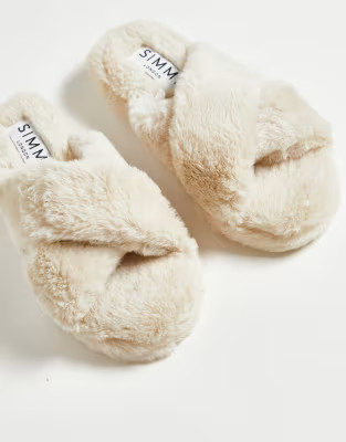 Simmi London Alice fluffy slippers in cream | ASOS (Global)