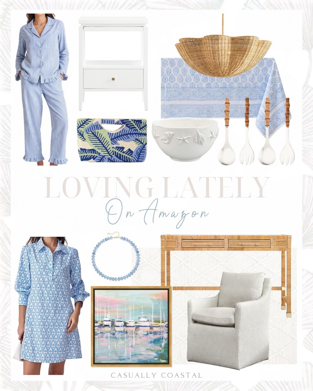 Loving Lately on Amazon 

Amazon home decor, coastal home decor, Amazon tablecloth, coastal tablecloth, Amazon pendant light, coastal pendant light, Amazon wall art, coastal artwork, coastal wall art, Amazon dress, coastal dress, Amazon necklace, coastal purse, wabi sabi style pendant light, coastal serving bowl, coastal pajamas, Amazon pajamas, blue and white striped cotton pajamas, cotton tablecloth, serving spoon and fork set, bamboo handle utensils, tunic shirt dress, beaded chunky necklace, glass top rattan writing desk, coastal desk, Amazon desk, coastal dock framed art, coastal rug, Amazon rug, natural rug, 6x9 rug, ivory rug, upholstered dining chair, Amazon dining chair, half moon clutch

#LTKHome