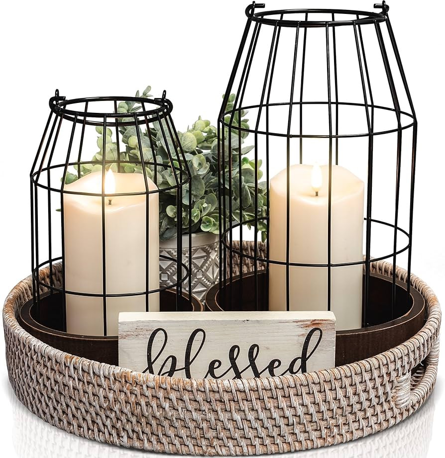 Rustic Farmhouse Lantern Decor Set of 2 - Stylish Decorative Lanterns for Your Living Room, Firep... | Amazon (US)