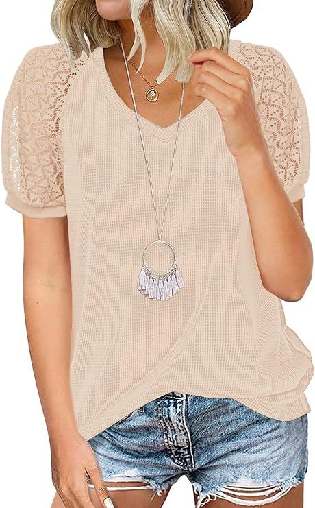 MIHOLL Women's Lace Short Sleeve V Neck Shirts Loose Casual Tops Tee Shirt | Amazon (US)