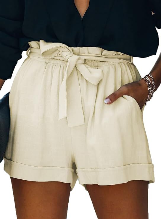Paitluc Womens Elastic Waist Side Pockets Ruffle Linen Shorts Summer Casual Size S-XL | Amazon (US)