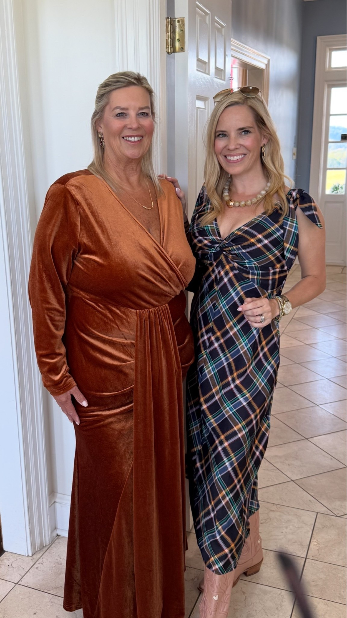 Title: Wedding Weekend with Mom 🤎 Plaid & Velvet Dresses
Wedding weekend with my favorite lady! 🤍🥂 Mom was gorgeous in her rust velvet wrap dress, and I went with my favorite plaid midi dress paired with pink western boots for a little southern flair. 🤠✨
Both dresses are beautiful options for fall weddings, family celebrations, and special occasions. I love how the rich velvet and classic plaid complement each other!
Shop our wedding guest dresses, plaid midi dress, velvet wrap dress, rose gold western boots, and pearl statement necklace here! 🍂
Fall wedding guest dresses, mother daughter wedding outfits, rust velvet maxi dress, velvet wrap dress, plaid midi dress, western wedding guest outfit, pink cowboy boots, southern style outfits, classic fall fashion, elegant dresses for women over 40, family wedding outfit inspiration, preppy southern fashion. 🤎✨

#LTKSeasonal #LTKootd #LTKOver40