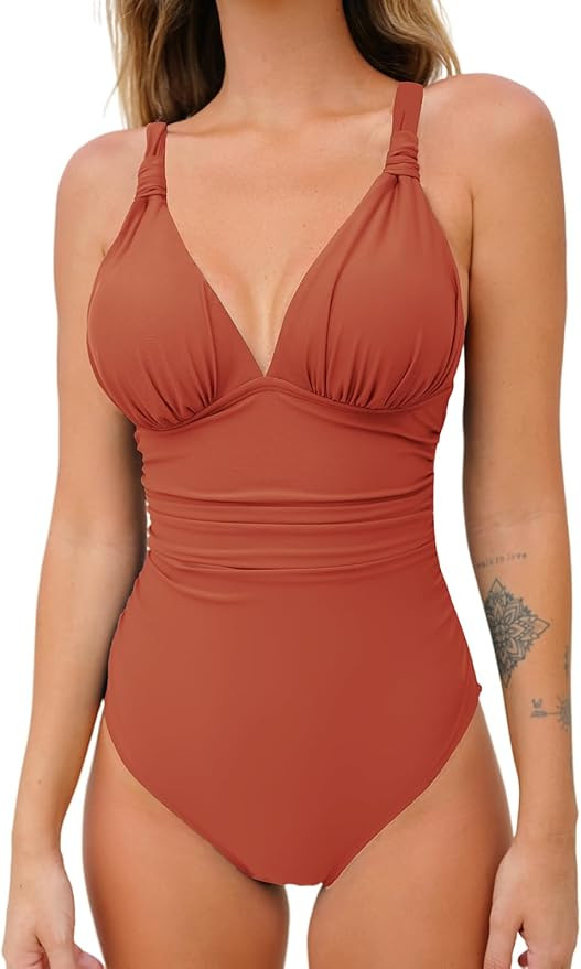 CUPSHE Women One Piece Swimsuit Deep V Neck Tummy Control Ruched V Back Classic Bathing Suits | Amazon (US)