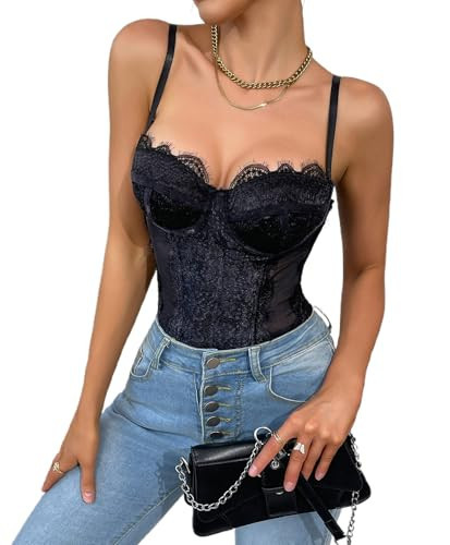 WADAYUYU Black Lace Corset Bodysuit for Women Sexy Bustier Top with Underwire Adjustable Straps Floral Lace Lingerie One Piece Shapewear Bodysuit Corset Top for Women Club Outfit Bridal Lingerie S | Amazon (US)