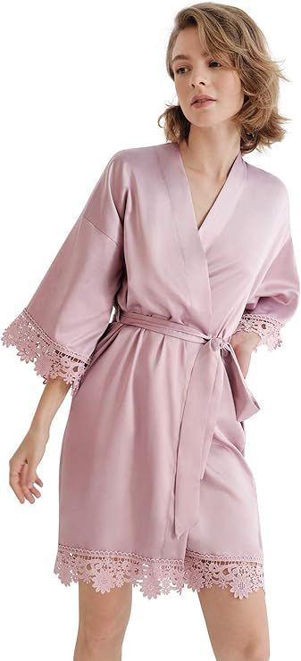 SIORO Women's Satin Robe Silk Kimono Bathrobe for Bride Bridesmaids Wedding Party Loungewear Shor... | Amazon (US)