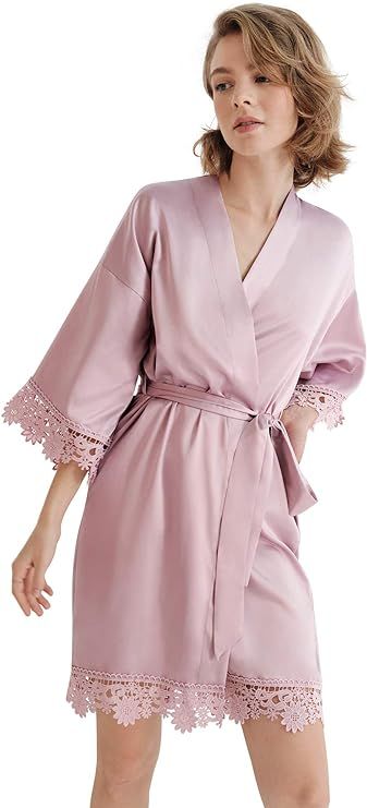 SIORO Women's Satin Robe Silk Kimono Bathrobe for Bride Bridesmaids Wedding Party Loungewear Shor... | Amazon (US)