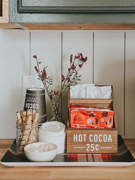 Hot cocoa tray for the holiday season. Items linked below! Hot cocoa wooden storage and disposable cups found in the target dollar spot ❤️🎄

#LTKfamily #LTKHoliday #LTKSeasonal