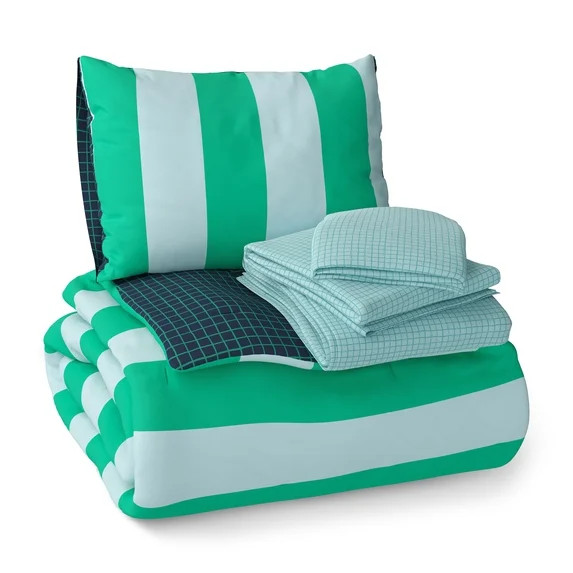 Mainstays Kids Green and Blue Stripe Reversible Comforter Set with Sheets, Twin, 5 Pieces | Walmart (US)