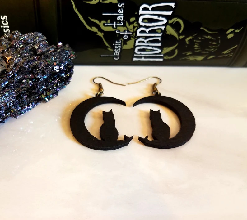 Cat on the Moon Earrings Dangle Cat Earrings Halloween - Etsy | Etsy (US)