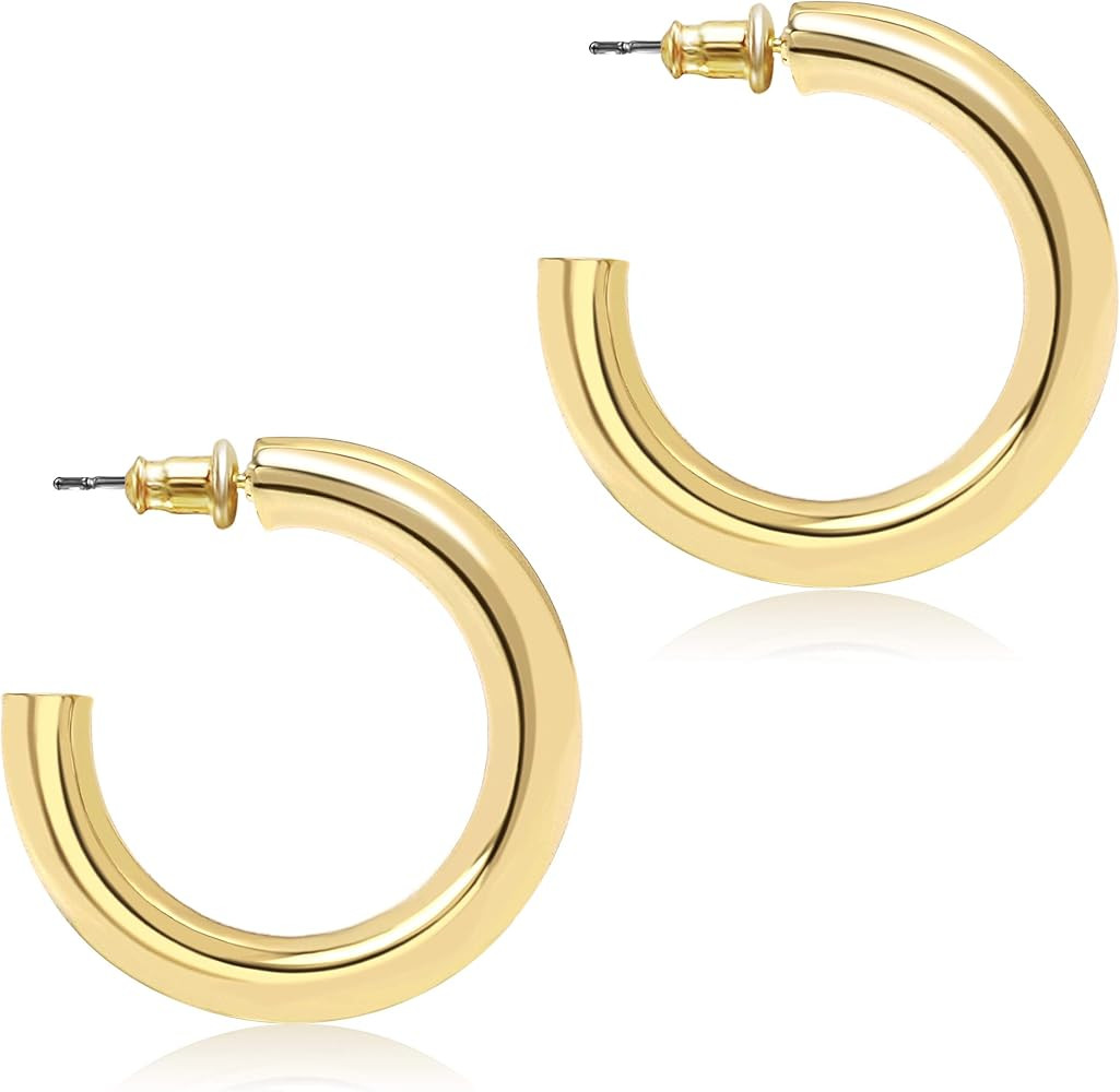 Aisansty Thick Hoop Earring 14K Gold Sterling Silver Plated Lightweight Hollow Round Chunky Gold ... | Amazon (US)