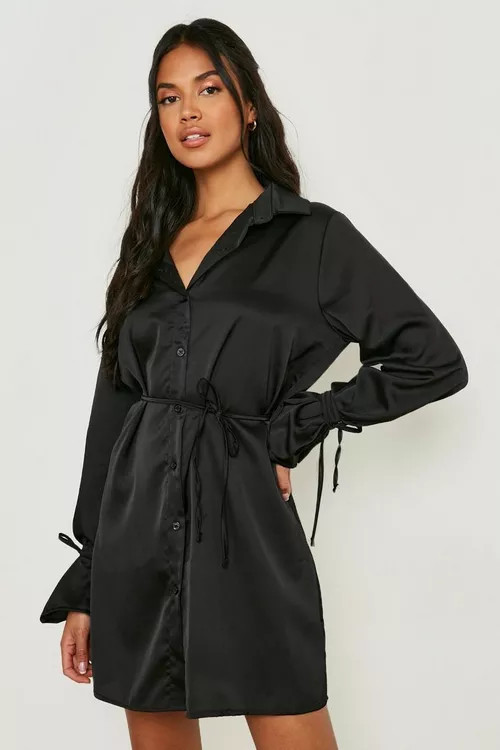 Satin Tie Cuff & Waist Shirt Dress | Boohoo.com (US & CA)