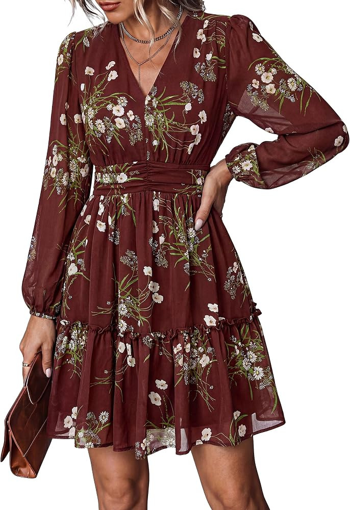 PRETTYGARDEN Women Floral Long Sleeve Mini Dress     Fall Wedding Guest Dresses, V Neck, Fit & Fl... | Amazon (US)