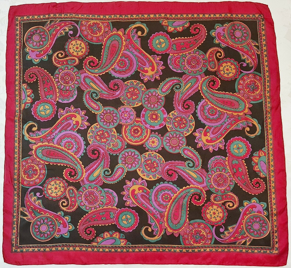 SCARF VINTAGE AUTHENTIC PAISLEY ART BURGUNDY BLACK CHIFFON SILK 33" SQUARE | eBay US
