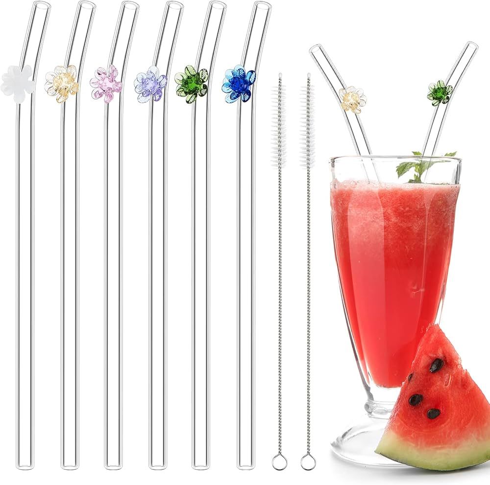 6 Pcs Glass Straws with Design Reusable Daisy Drinking Straws 7.9 in x 8 mm Colorful Cute Reusabl... | Amazon (US)