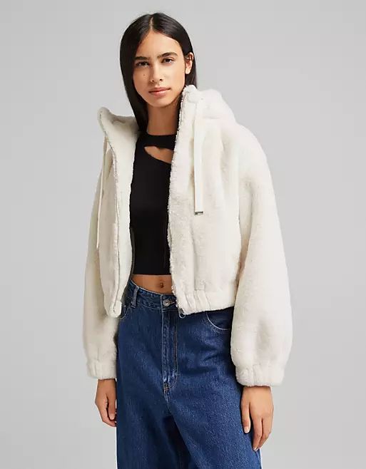 Bershka faux fur hooded jacket in white | ASOS (Global)
