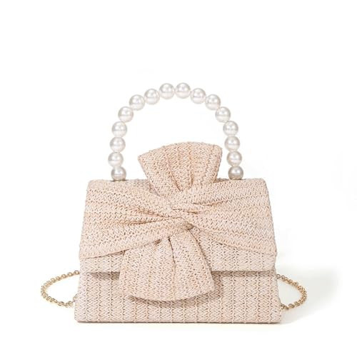 Tarvione Straw Purse Bow Shoulder Bag with Pearls Handle Cute Woven Crossbody Flap Bag Crochet Beach Summer Vacation Square Handbag with Chain Strap for Women(Beige) | Amazon (US)