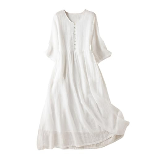 Same Day Delivery Item Womens Cotton Linen Dresses 3/4 Sleeve Maxi Long Dress Plain Classic Button Dresses Trendy Boho Dresses Plus Size Linen Dresses White M | Amazon (US)