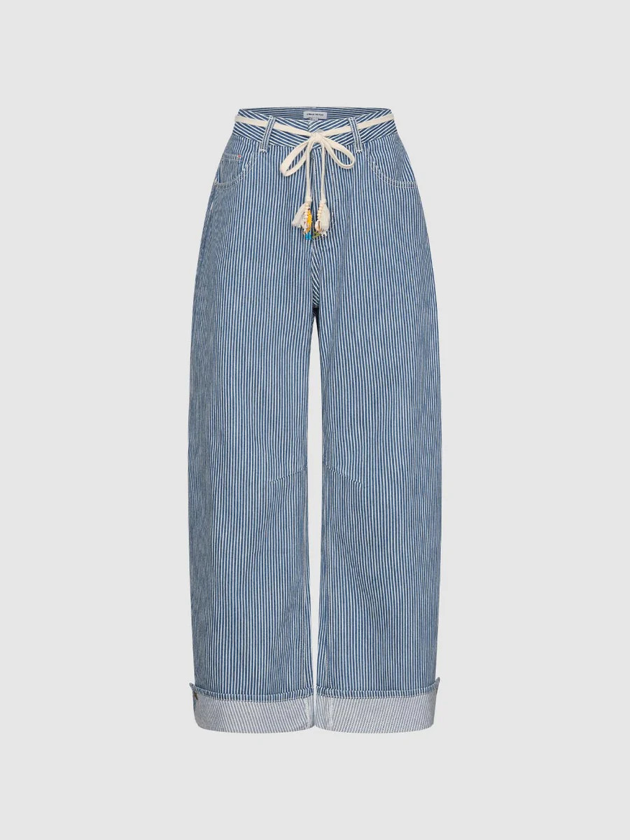 Tie Belt Striped Cuffed Barrel Leg Jeans | Urban Revivo