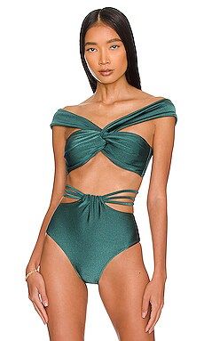 PatBO Off the Shoulder Bikini Top in Palace Green from Revolve.com | Revolve Clothing (Global)