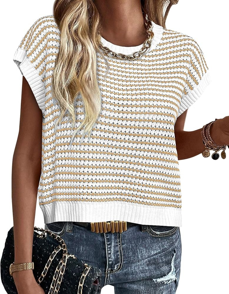 PRETTYGARDEN Womens Short Sleeve Sweater Spring Summer 2025 Round Neck Striped Pullover Cap Sleev... | Amazon (US)