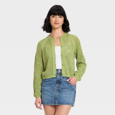 Women's Long Sleeve Openwork Cardigan - Universal Thread™ Olive Green L | Target