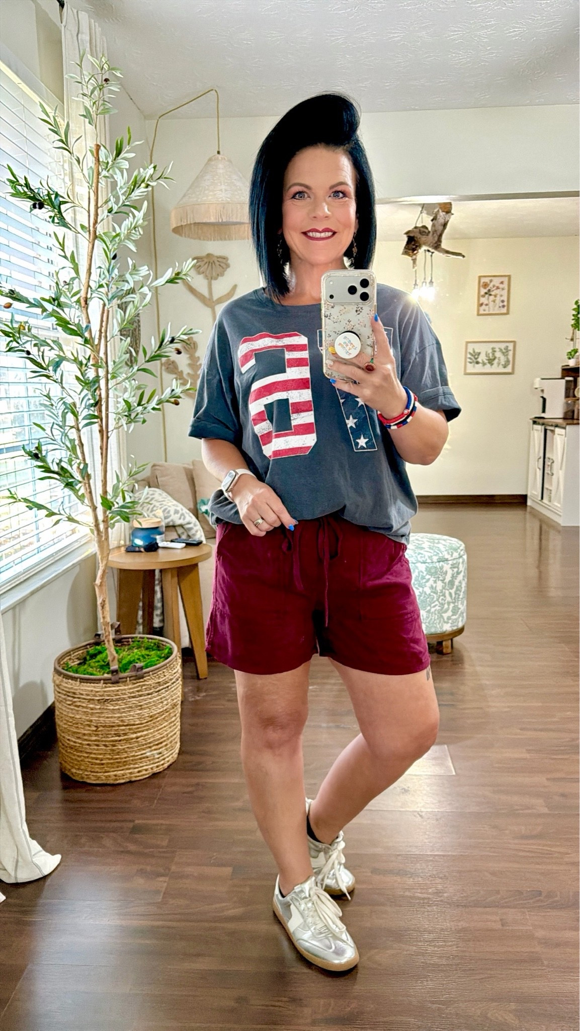 memorial day outfit

Americana 76 Women's Graphic Cotton Tee with Short Sleeves from Way to Celebrate
Size Medium- I sized up 1 but didn’t need to - usually this brand runs small on me 

Time and Tru Women's Soft Utility Shorts, 4" Inseam, Size Small - I would size up 1- next time I would get a medium 

Tennis shoes are from the little girls department- take your shoes size and subtract 2 sizes

#LTKootd #LTKOver40 #LTKPetite