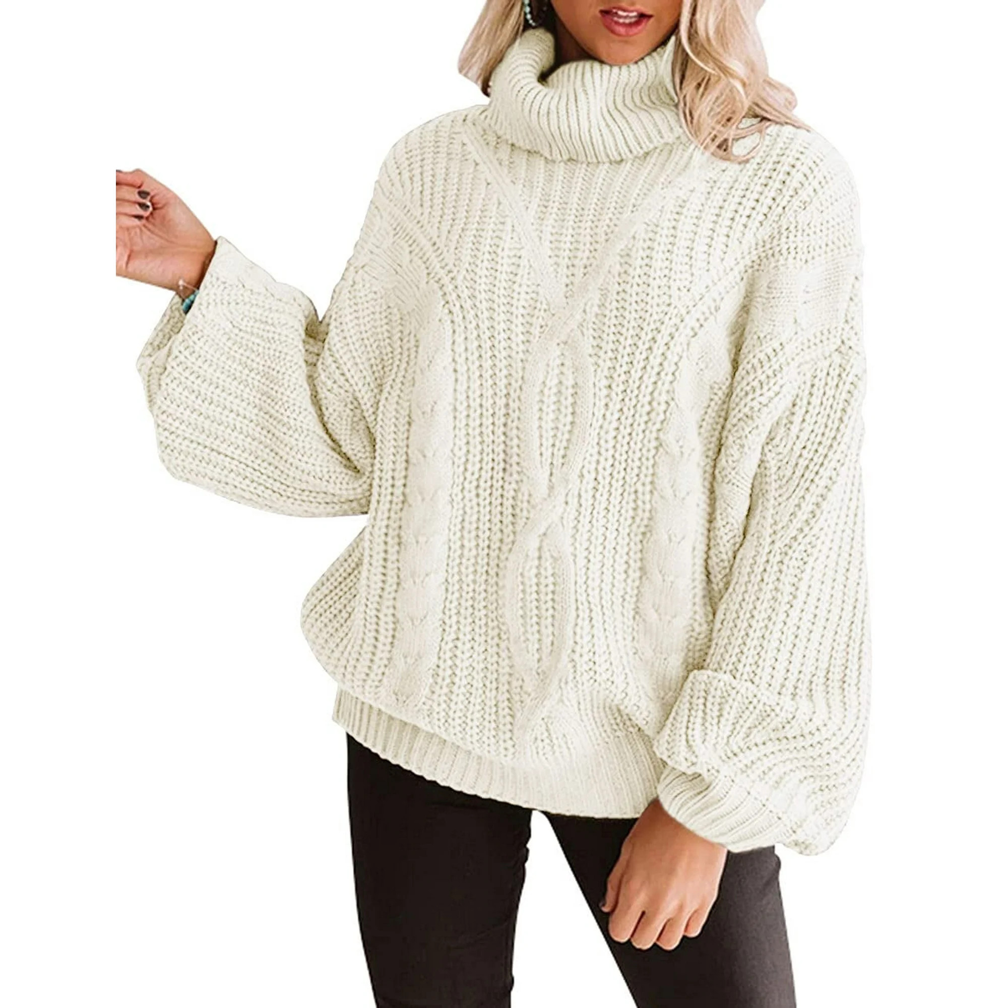 Fantaslook Turtleneck Sweater Women Chunky Cable Knit Oversized Sweaters Batwing Sleeve Pullover ... | Walmart (US)
