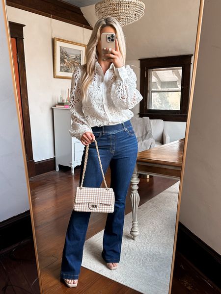 White lace blouse, size S
Neutral bag for spring 
Spanx flare jeans, size M


#LTKFind #LTKSeasonal