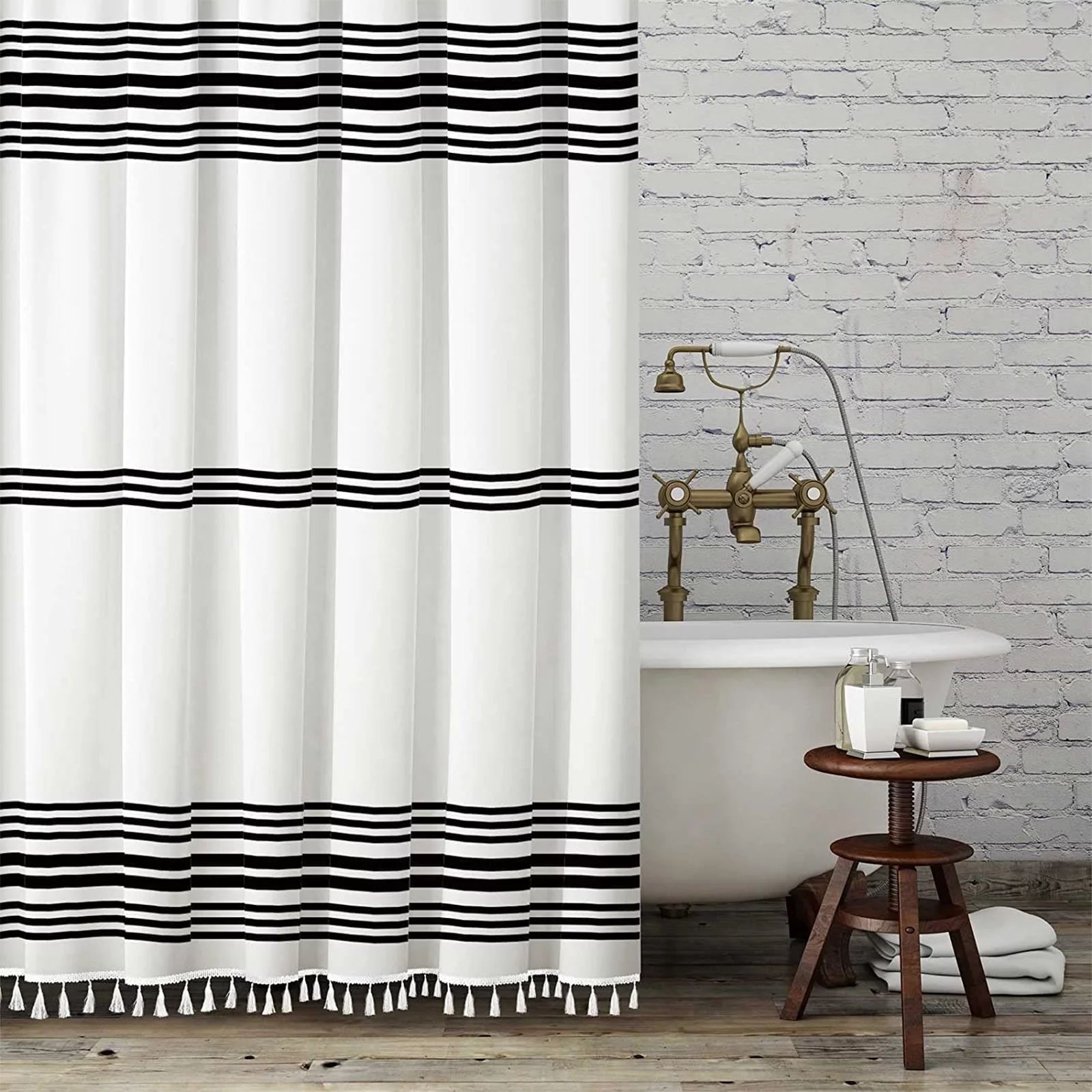 Shower Curtain Striped with Tassel Modern Bathroom Curtains, Fabric Black and White, Waterproof 7... | Walmart (US)