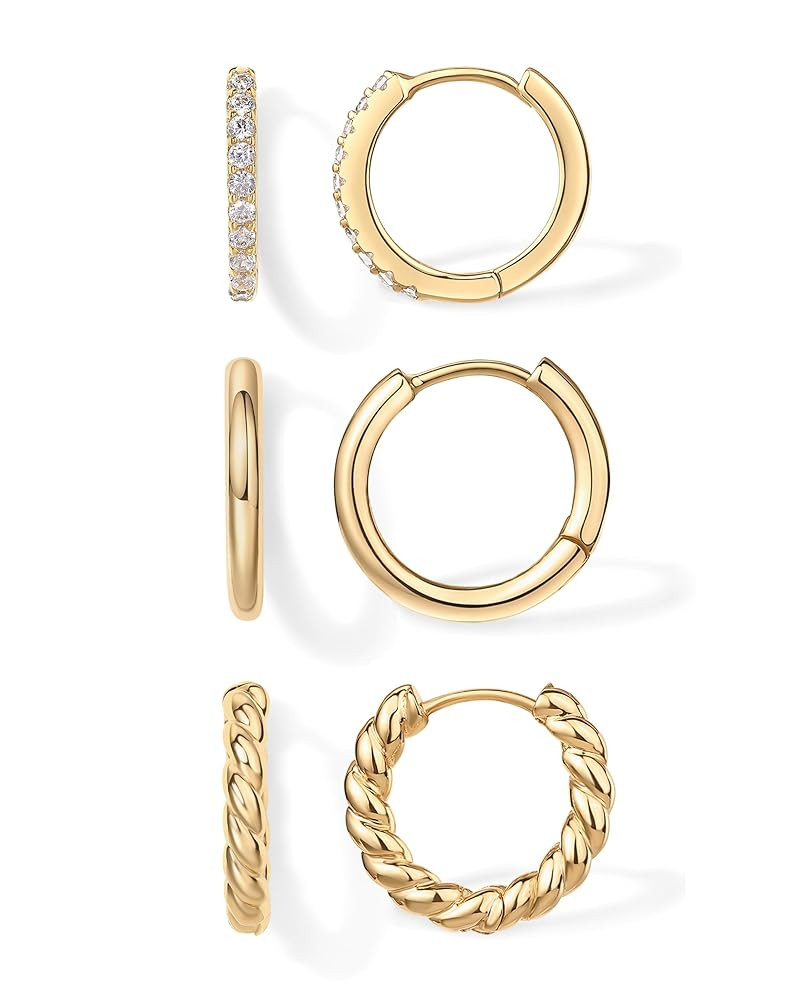 PAVOI 14K-18K Yellow Gold Plated Sterling Silver Posts Three Pairs Small Hoop Earrings for Women ... | Amazon (US)