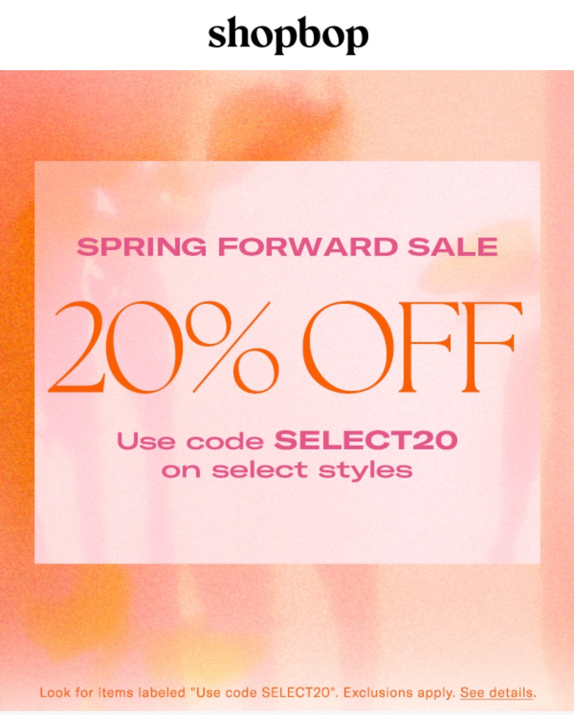 20% off ShopBop!

#LTKSpringSale #LTKSaleAlert #LTKFindsUnder100