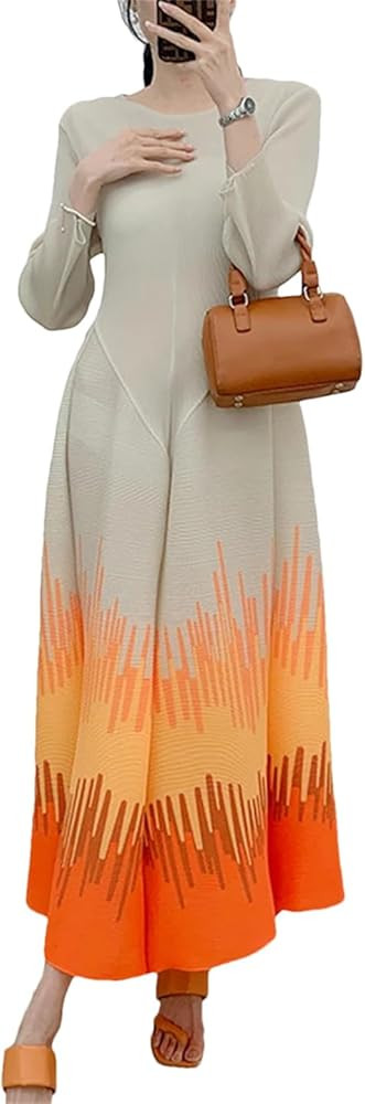 Women Pleated Printed Dress Round Neck Contrast Color Fold Sticthing Female Evening Dresses | Amazon (US)