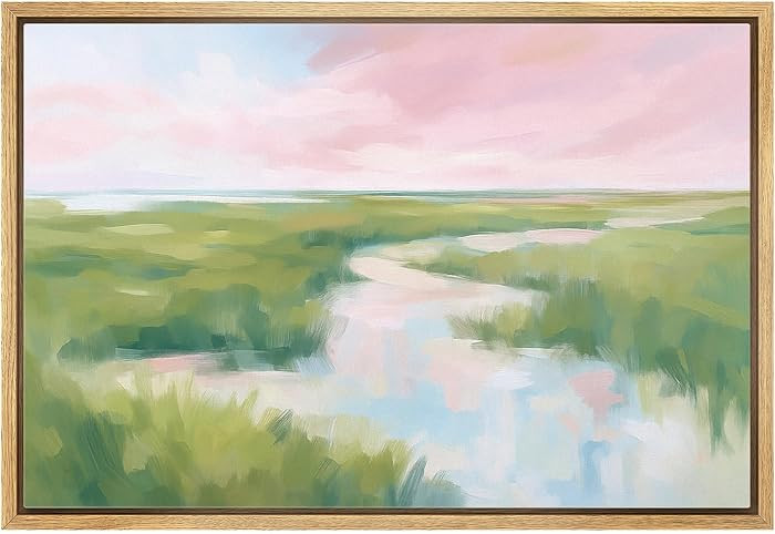 MUDECOR Framed Canvas Print Wall Art Pastel Marshland with River View Impressionist Illustrations... | Amazon (US)