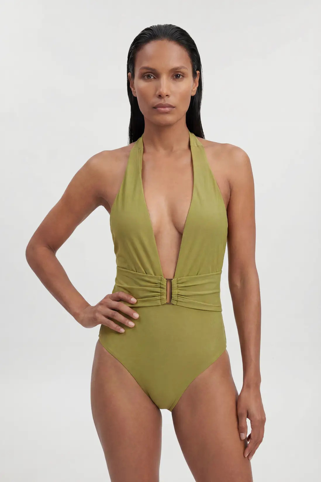Halter Neck Hardware Detail Plunge Swimsuit | Karen Millen
