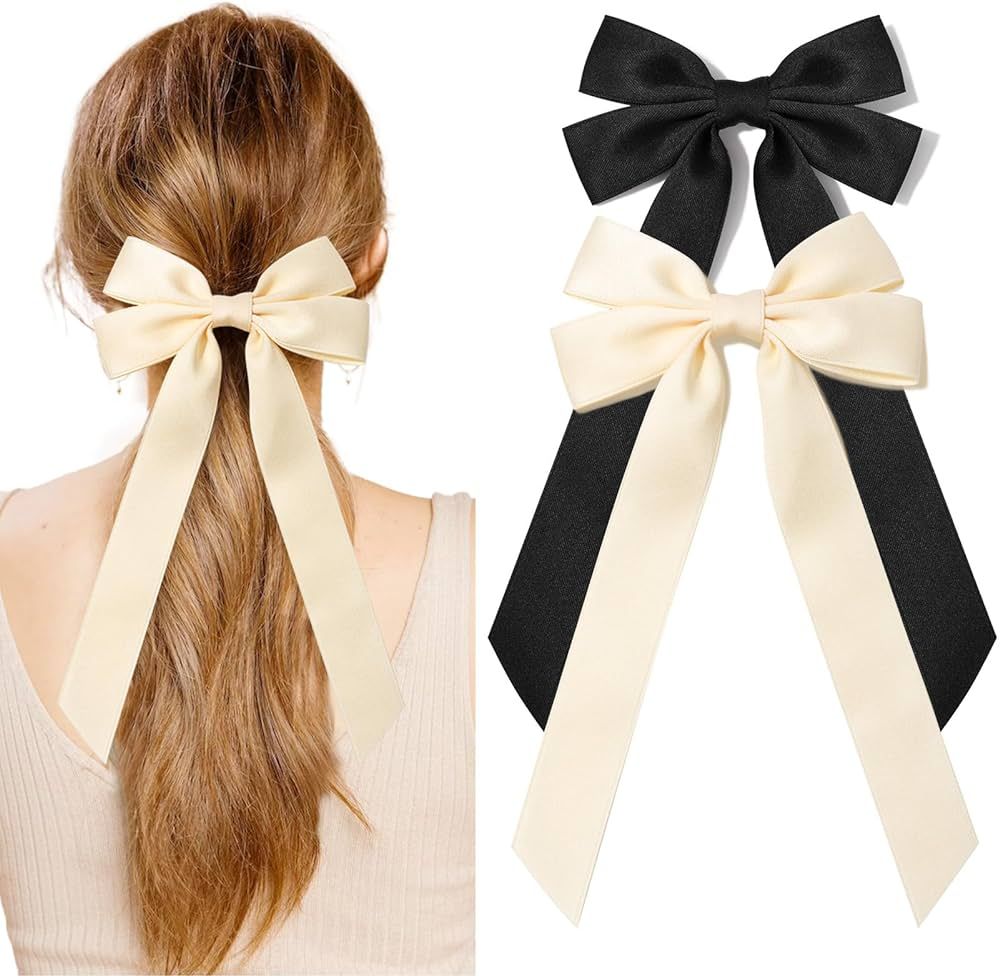 2PCS Silky Satin Hair Bows Black Beige Hair Ribbon Clips for women Ponytail Holder Hair Accessori... | Amazon (US)