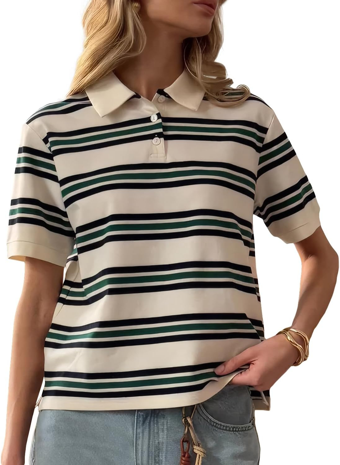 Cioatin Women Y2K Striped Colorblock Button Up Polo T-Shirt Short Sleeve Loose Fit Preppy Aesthetic Tee Tops Summer Outfits | Amazon (US)