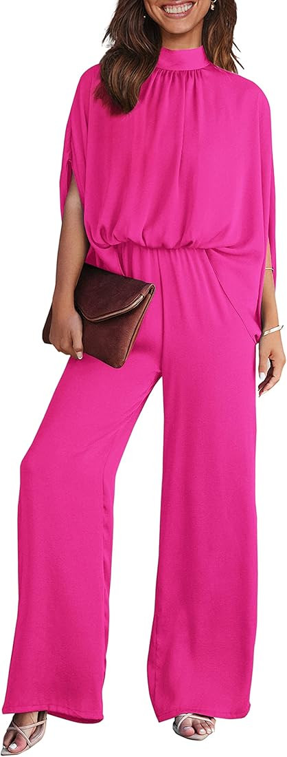 PRETTYGARDEN Women's Casual Summer Jumpsuits Short Sleeve Mock Neck Wide Leg Pants Romper One Pie... | Amazon (US)
