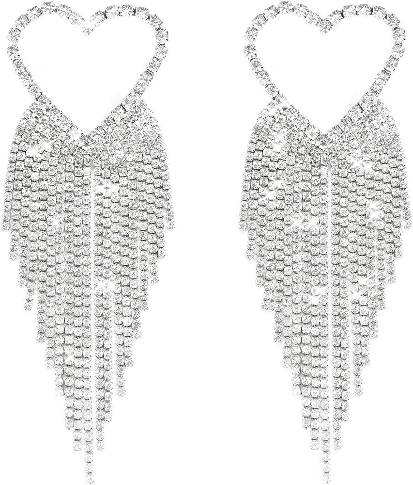 Fashion Heart Rhinestone Dangling Tassel Earrings for Women, Big Long Statement Wedding Bridal Dr... | Amazon (US)
