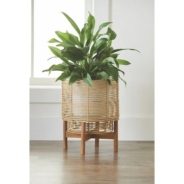 Better Homes & Gardens Tan Round Resin Rattan Planter & Stand Set | Walmart (US)