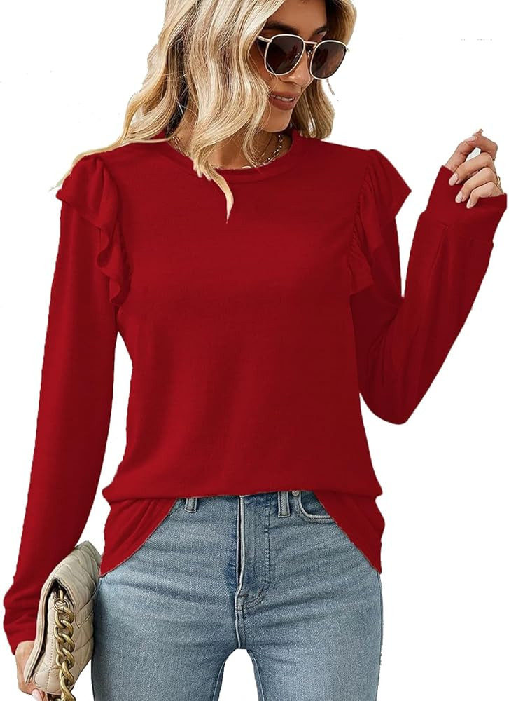 Sweetnight Womens Long Sleeve Crewneck Dressy Casual Fall Ruffle Tops Shirts | Amazon (US)