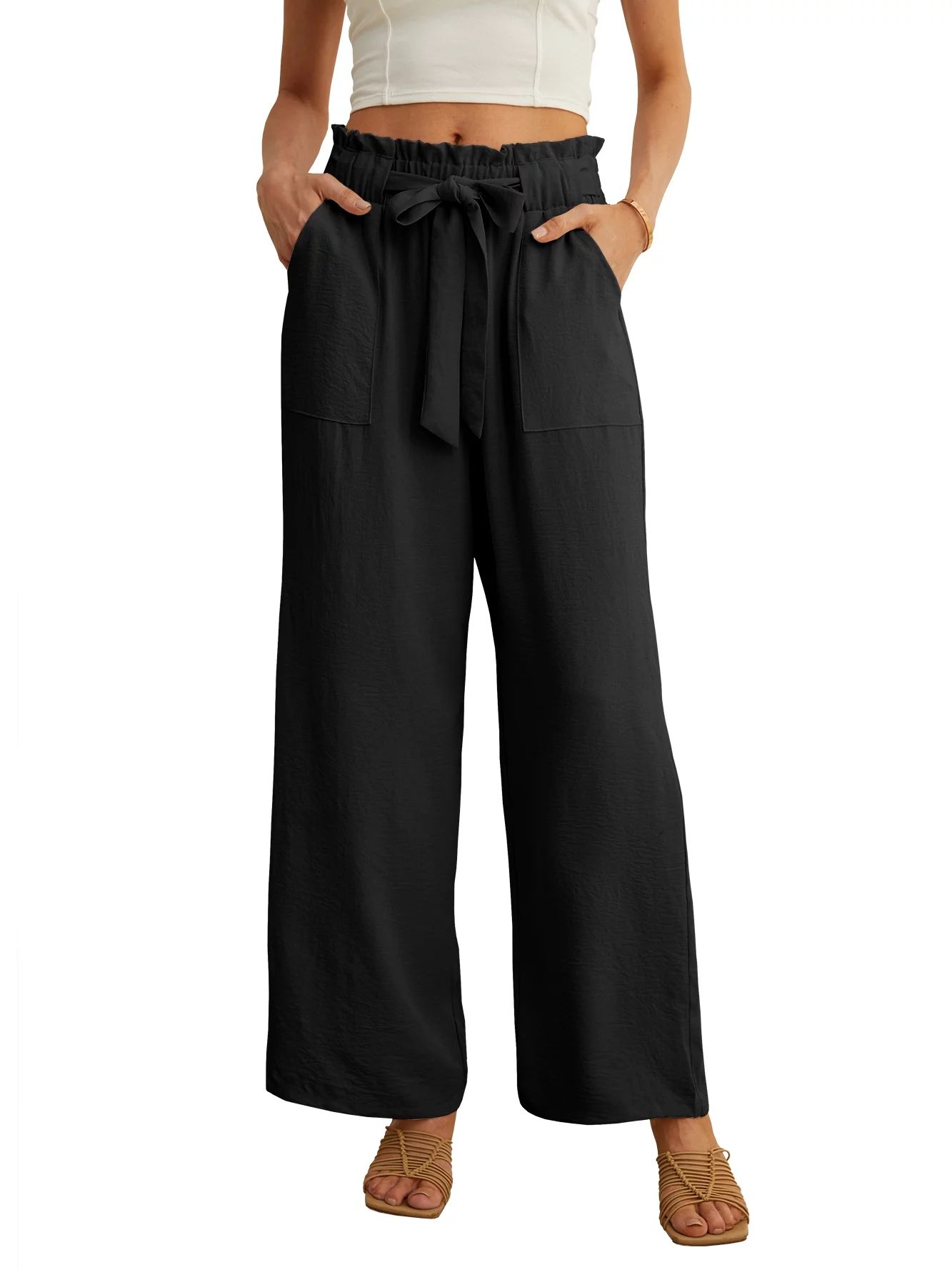 JWD Women's Wide Leg Pants With Pockets High Waist Adjustable Knot Loose Casual Trousers Business... | Walmart (US)