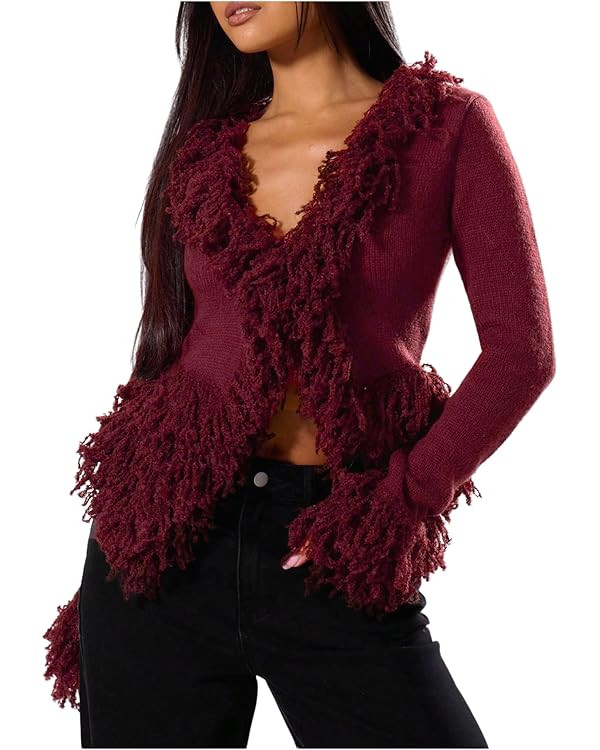 WDIRARA Women's Fuzzy Trim Cardigan Sweater Goth Punk V Neck Long Sleeve Knit Outerwear | Amazon (US)
