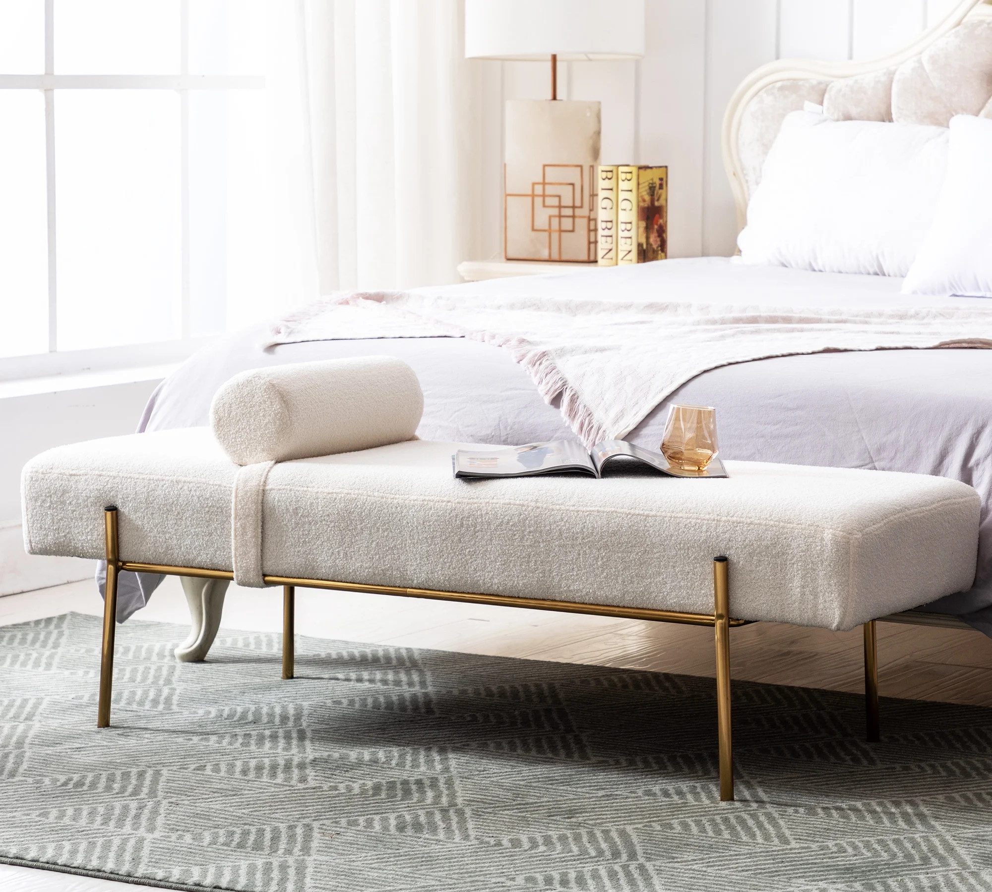 55" White End of Bed Bench, Modern Faux Fur Upholstered Ottoman Bench Seat with Gold Legs, Fuzzy ... | Walmart (US)