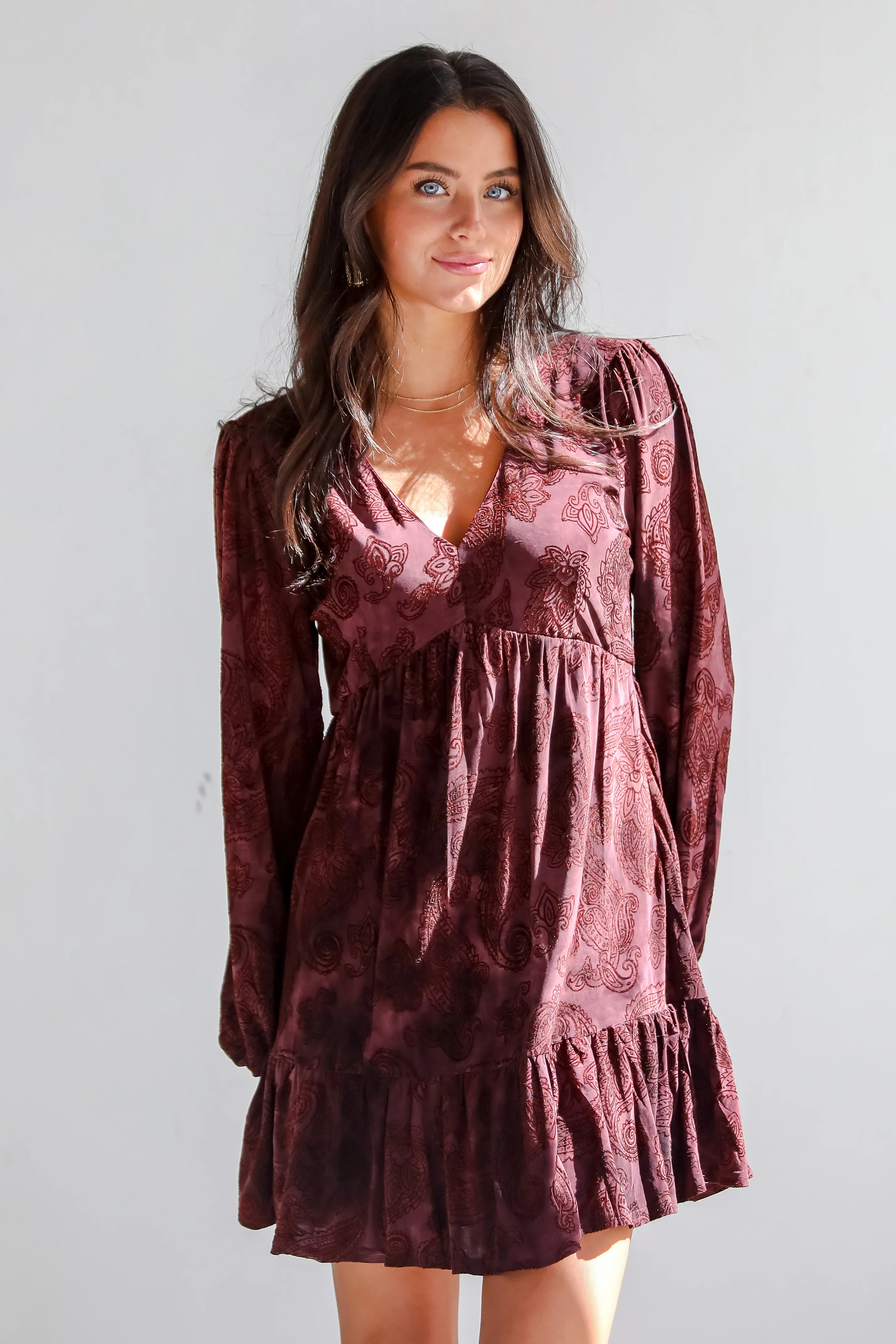 Cute Wine Velvet Paisley Mini Dress | Holiday Dresses | DressUp | Dress Up
