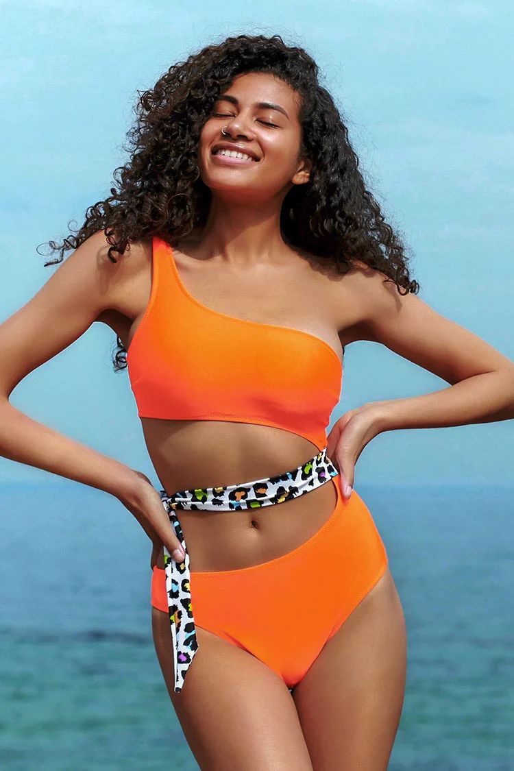 Orange with Leopard Tie One-Piece Swimsuit | Cupshe