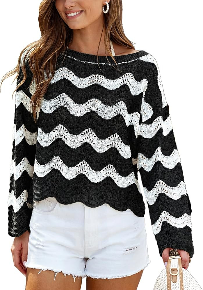 CUPSHE Women's Crochet Cover Up Long Sleeve Striped Beach Cover Up Top Summer Casual Knit Tops fo... | Amazon (US)